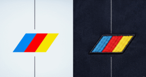 Comparison showing original digital logo design and embroidered logo on fabric after embroidery digitizing.