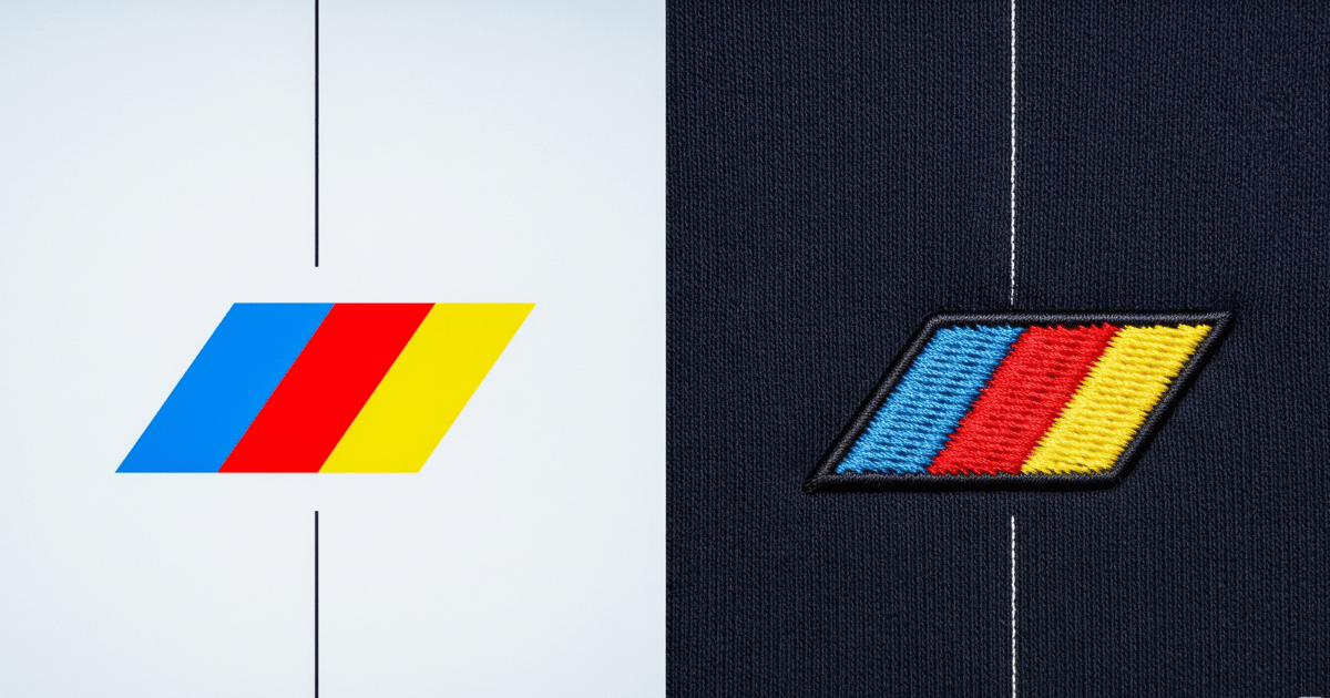Comparison showing original digital logo design and embroidered logo on fabric after embroidery digitizing.