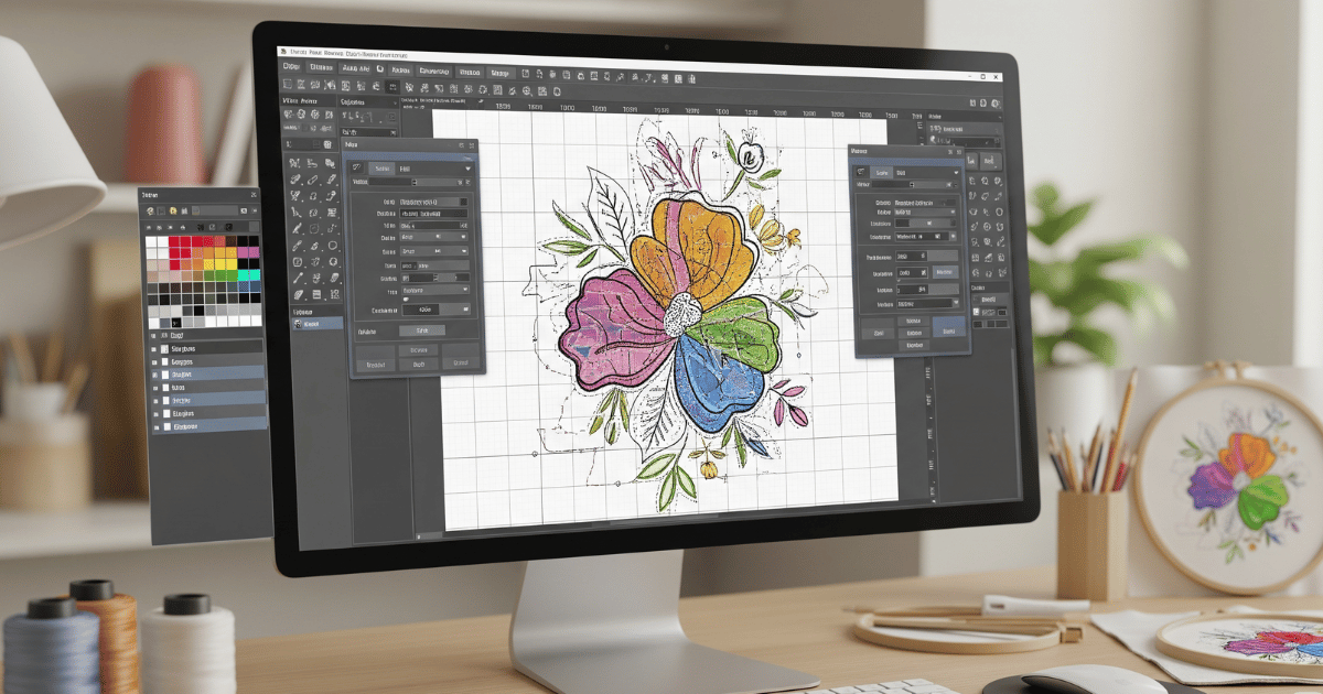 Embroidery digitizing software interface displaying stitch paths and design editing tools.