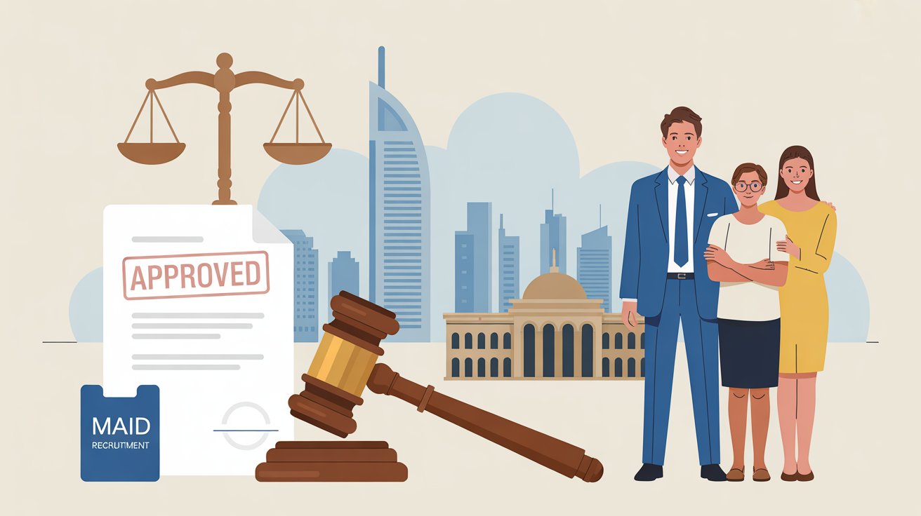 Dubai legal system protection. A courthouse or MOHRE building with documents stamped “Approved.” A gavel or justice balance symbol next to a maid recruitment file. Family smiling with confidence.