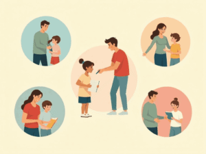 Illustration showing parents interacting with children in various study situations, highlighting common 11 Plus mistakes parents make during exam preparation.
