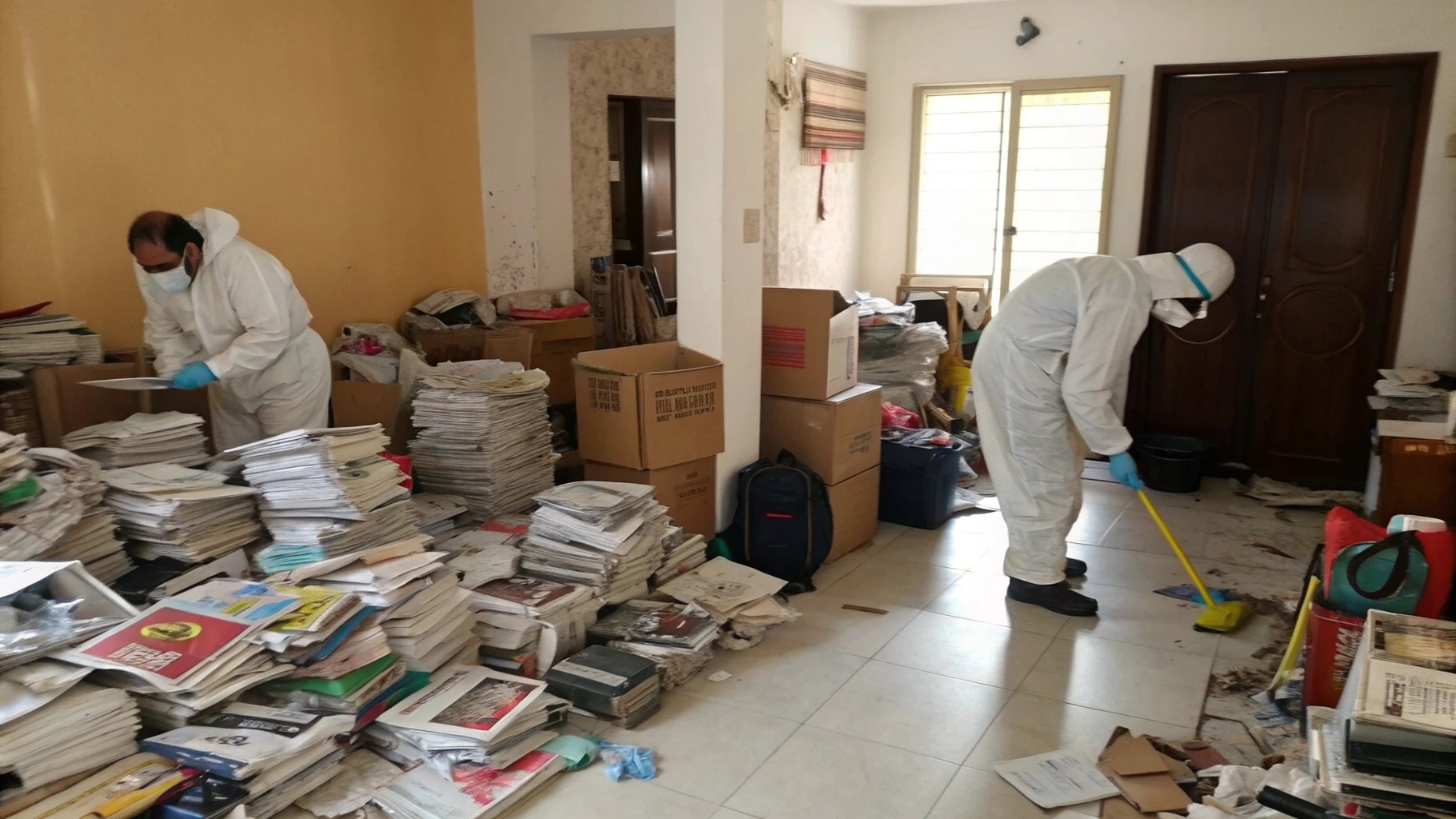 Two workers in full protective suits, gloves, and masks clean a cluttered living room filled with stacks of newspapers, boxes, and miscellaneous items. One person sweeps the floor while the other sorts through piles of papers, highlighting the process of hoarder cleaning services.