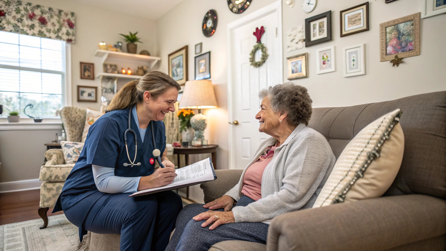 A smiling nurse in blue scrubs sits with an elderly woman on a couch, holding a clipboard and pen while they chat in a warmly decorated living room.