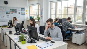 Office environment with several people working at desks on computers. One man is speaking on the phone with a headset, while others are focused on their screens. Large windows provide natural light, and plants are placed around the workspace.