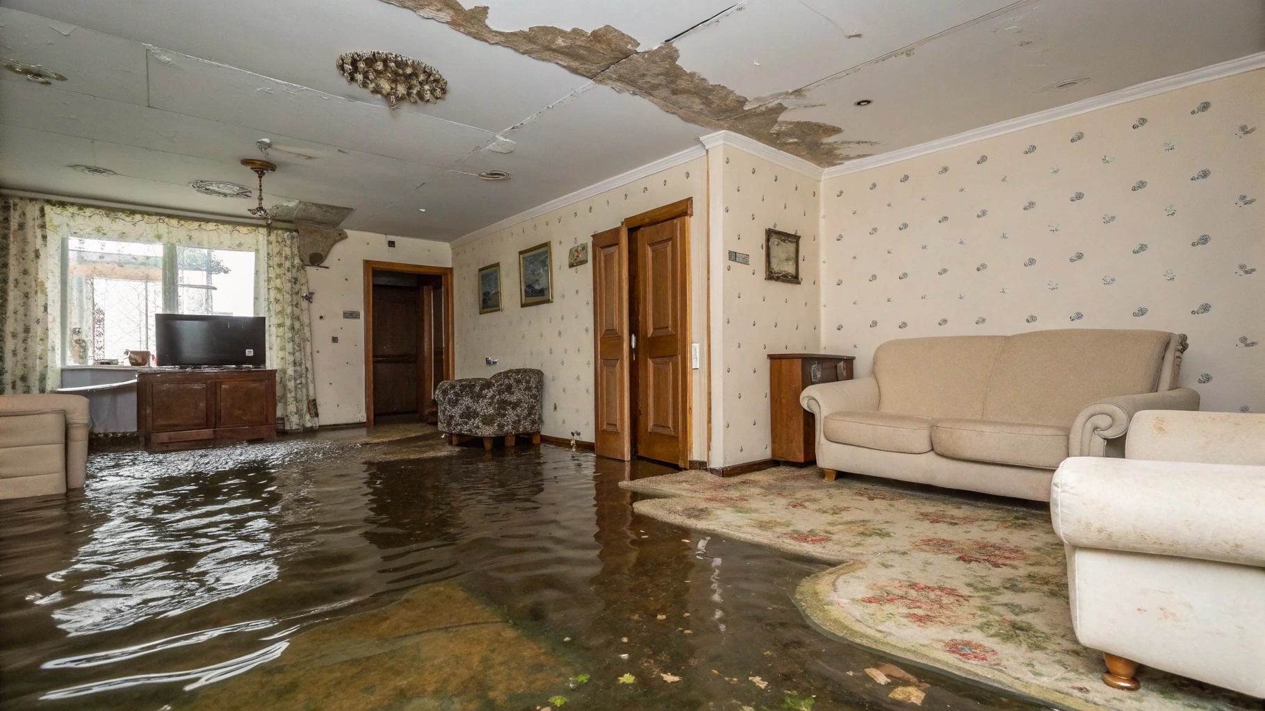 Flooded living room with standing water covering the floor, damaged ceiling with large water stains, and soaked furniture including a sofa, chairs, and rug.