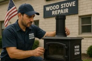 A certified technician carefully inspects and repairs a wood stove to restore its performance. This detailed service improves safety, efficiency, and reliable heating indoors.