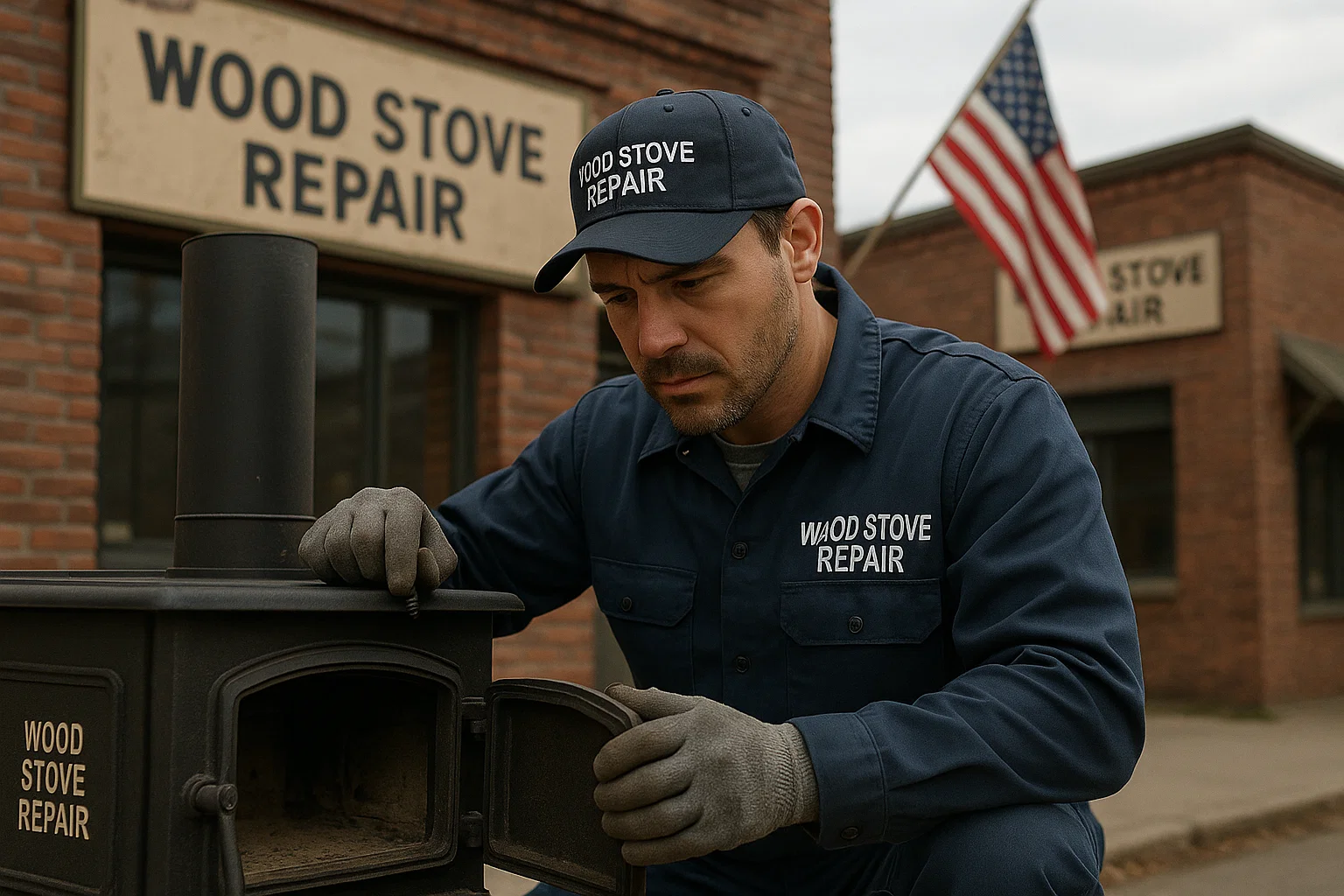 Technician performing professional wood stove repair and safety inspection in a cozy home.